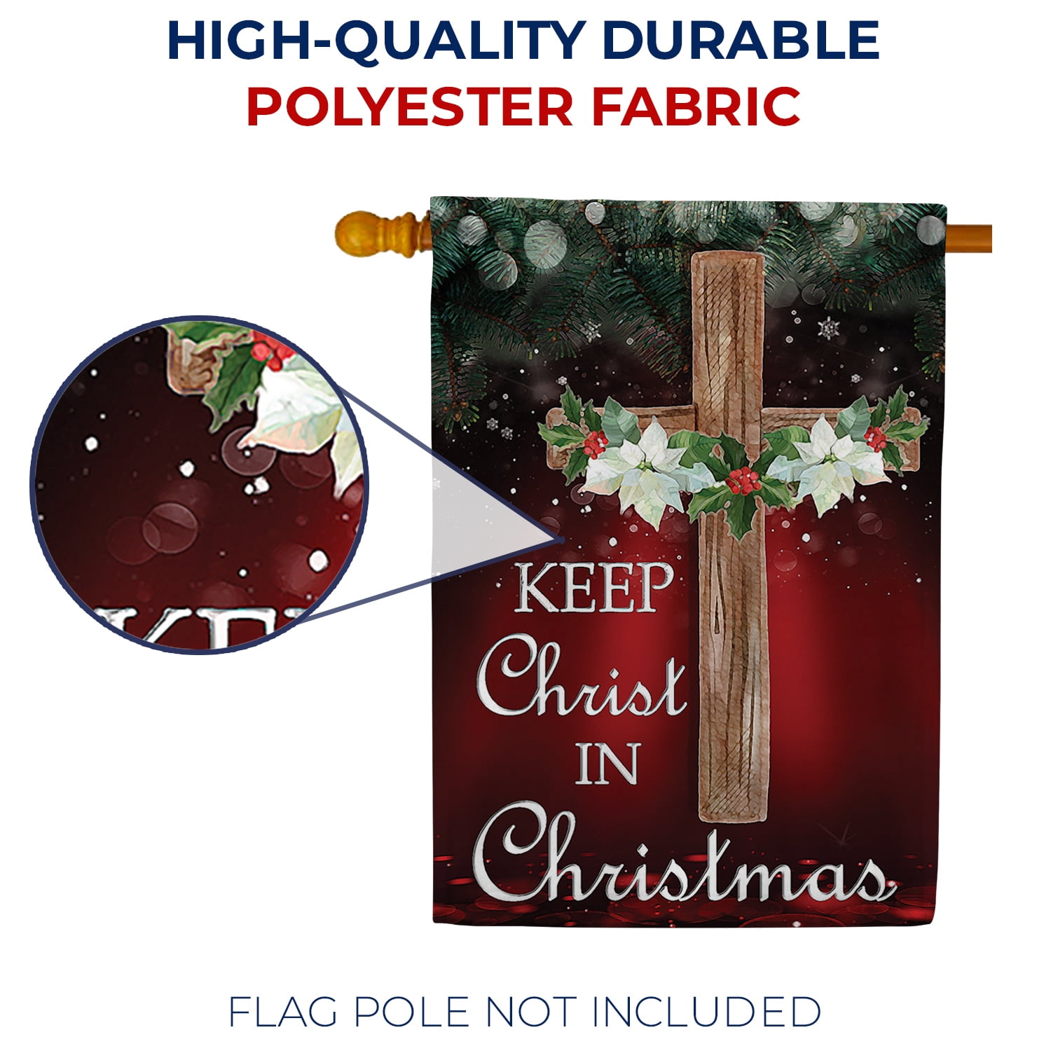 America Forever Keep Christ In Christmas Cross House Flag, 28 x 40 inch Double Sided, Wooden Cross Poinsettias Holly Banner, Religious Holiday Outdoor Decor, Christmas Yard Decorations Flag