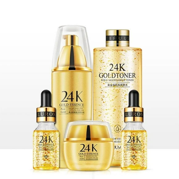 Luxé 24K Gold 5-Piece Skincare Set – Organic Collection with Gold Toner, Essence Milk Serum, Hyaluronic Acid, Collagen, Retinol, Kojic Ac