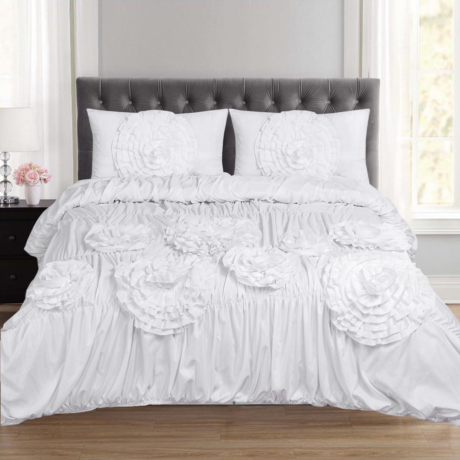 Scarlett Ruched Fancy Floral 3 Piece Duvet and Pillow Sham Set