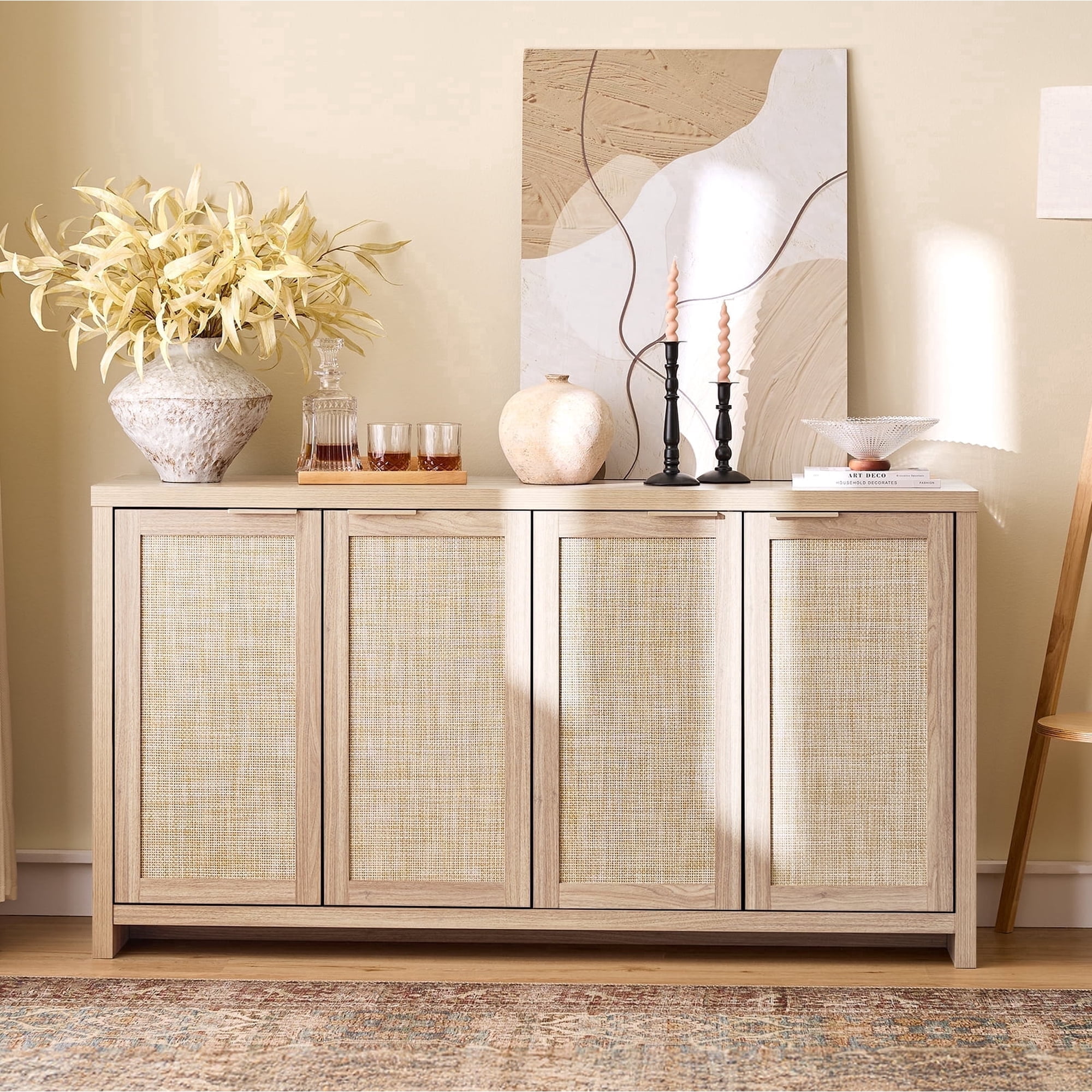 ARKANTOS Sideboard Buffet Cabinet, Rattan Cabinet with Adjustable Shelves, Boho Buffet Table Console Cabinets with 4 Doors, Farmhouse Cabinet for Entryway Living Room, Light Oak