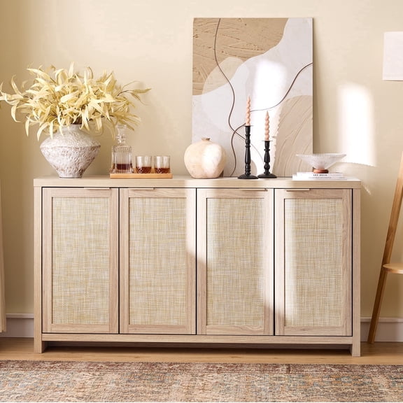 ARKANTOS Sideboard Buffet Cabinet, Rattan Cabinet with Adjustable Shelves, Boho Buffet Table Console Cabinets with 4 Doors, Farmhouse Cabinet for Entryway Living Room, Light Oak