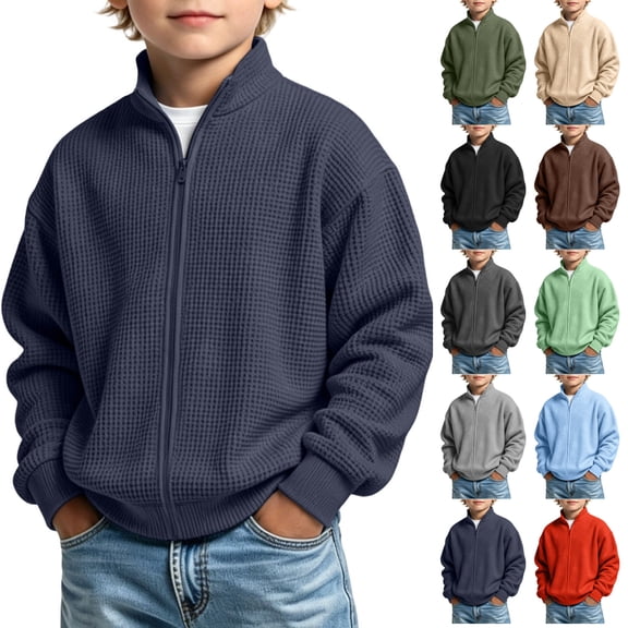 JOANKDMI Full Zip Up Sweatshirt Boys Waffle Knit Mock Neck Athletic Jacket Long Sleeve Lightweight Activewear with Pockets for Casual Running Fall Workout Tops