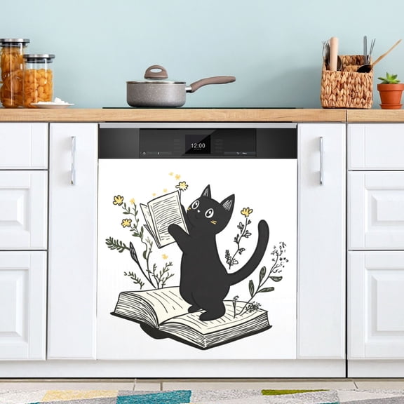 Dishwasher Sticker Dishwasher Cover Magnet Refrigerator Home Decorative Art Kitchen Panel Decal Black Cat Holding Up An Book 23x26 Inch