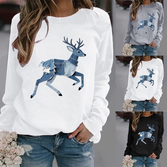 QETYUW Womens Graphic Sweatshirts Loose Fit Crew Neck Long Sleeve Sweatshirt Cute Print Pullover Holiday Casual Sweat Shirts