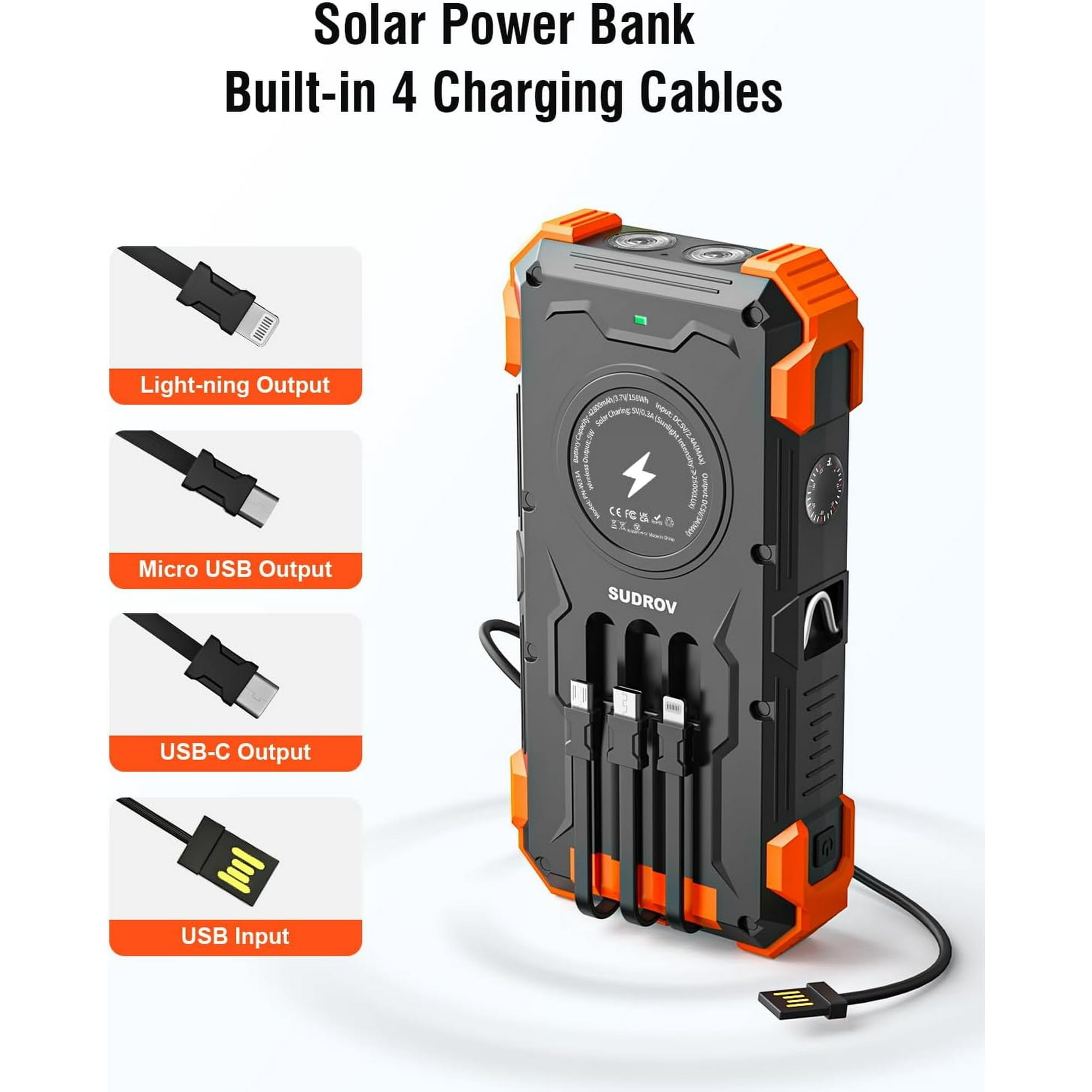 42800mAh Solar Charger Power Bank with 4 Cables, 15W Fast Charging Portable Charger for Cell Phone, Wireless Charger Solar Battery Pack with Dual Flashlights, Carabiner