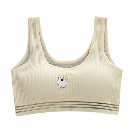 

Puberty Young Girls Cotton Sports Training Bra Cartoon Bear Print Ribbed Bralette Breathable Mesh Wireless Padded Underwear Crop Top Vest