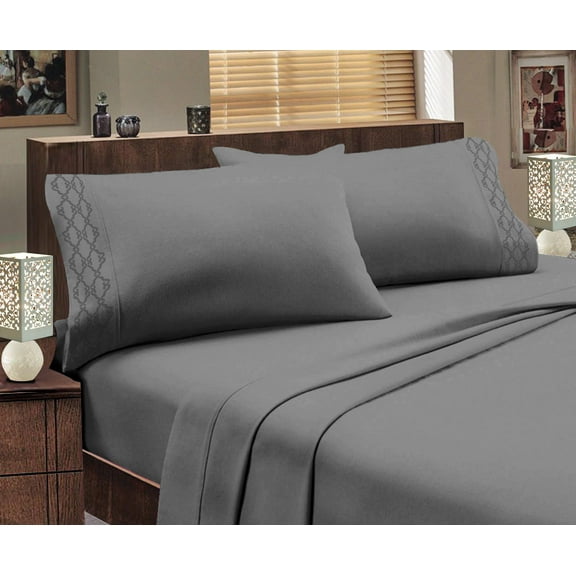 Hotel Luxurious 1800 Series Super Soft Embroidery 3 Piece Sheet Set (Twin XL, Gray)