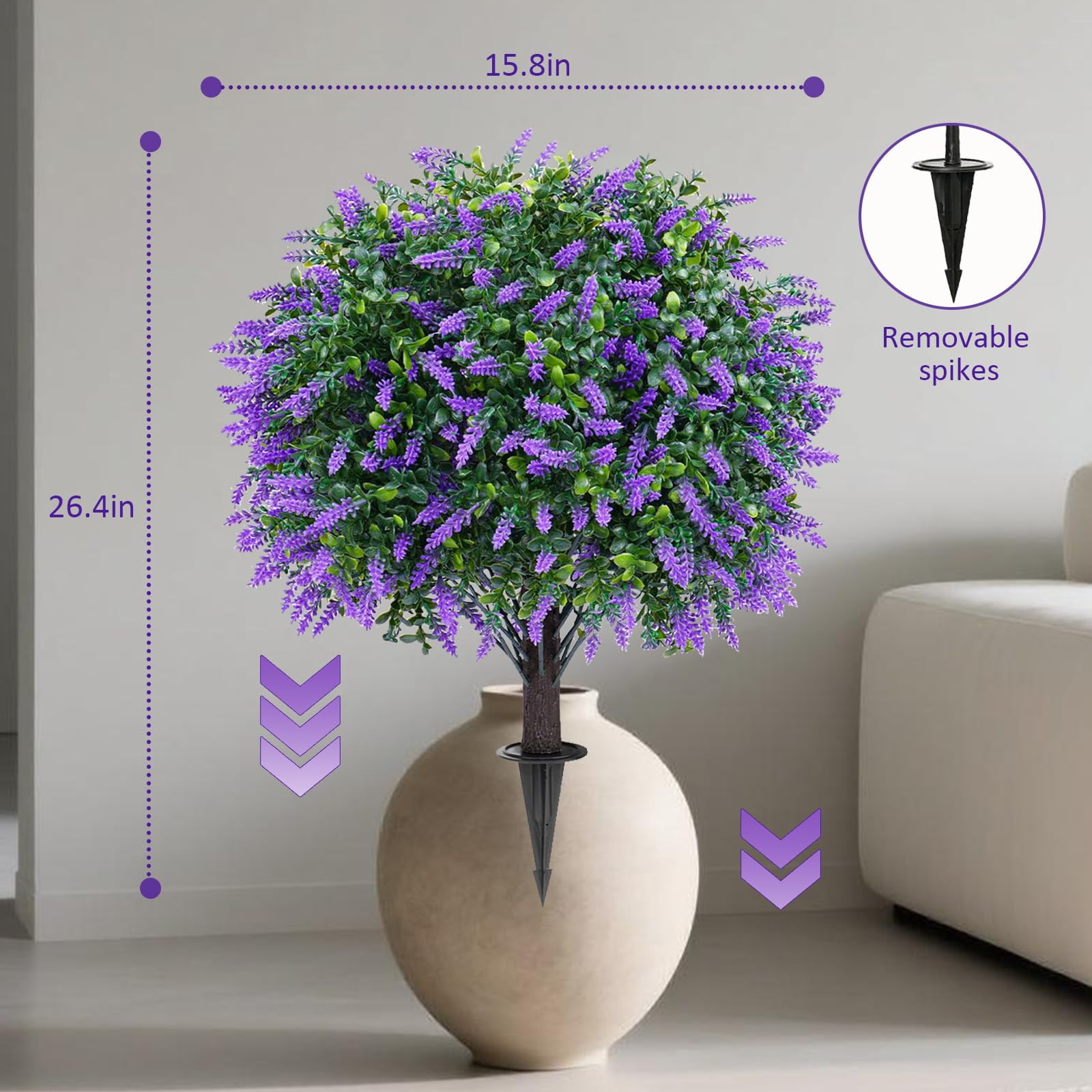 Outdoor Artificial Lavender Topiary Ball Trees (Set of 2) - 26in UV-Resistant Fake Plants with Ground Spike for Garden, Patio, Porch Decor