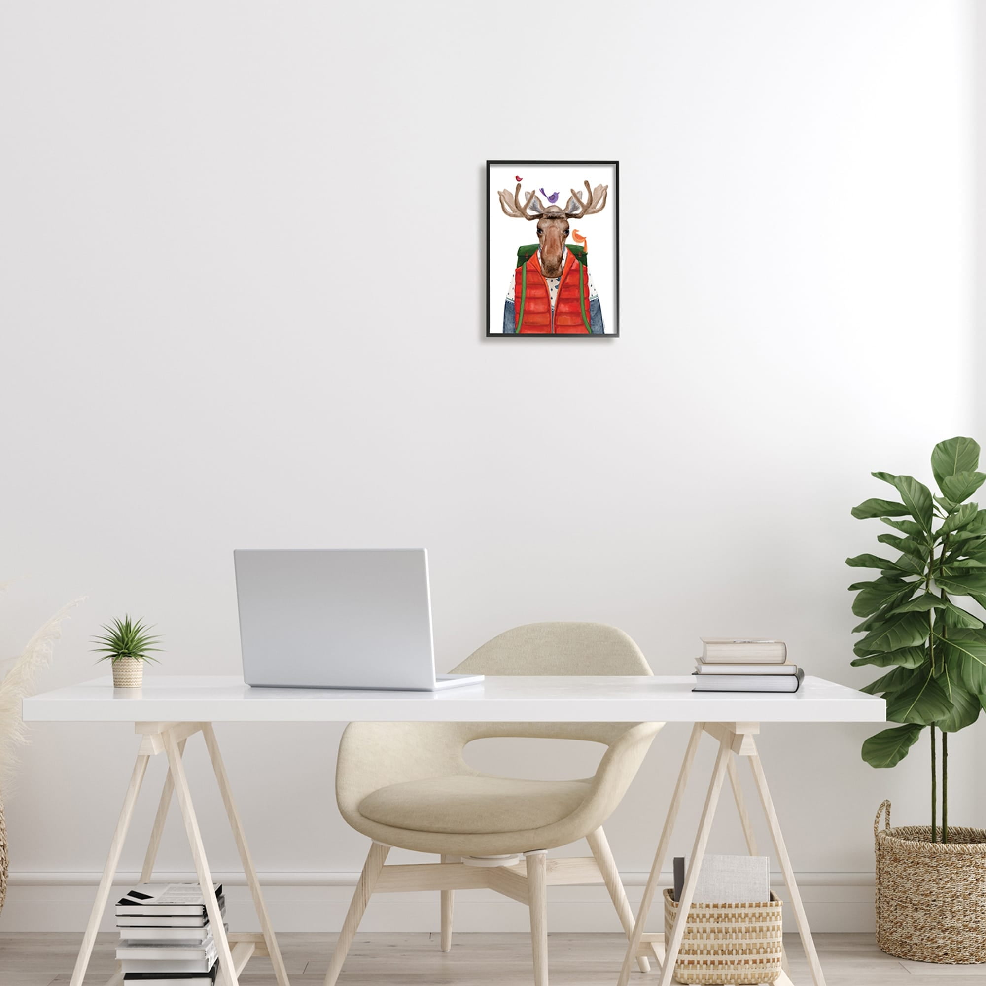 Stupell Industries Rustic Camp Attire Moose Antlers Perched Birds Framed Wall Art, 11 x 14, Design by Rachel Nieman