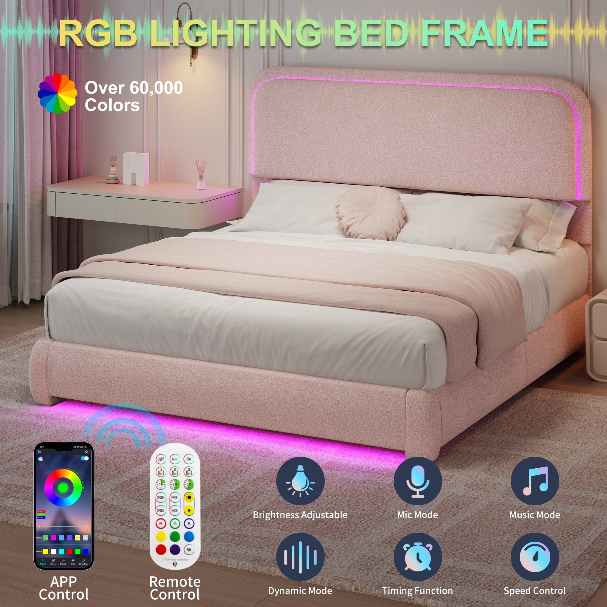 SIBEDS Queen LED Bed Frame, Teddy Fleece Upholstered Platform Bedframe, No Box Spring Needed, Pink