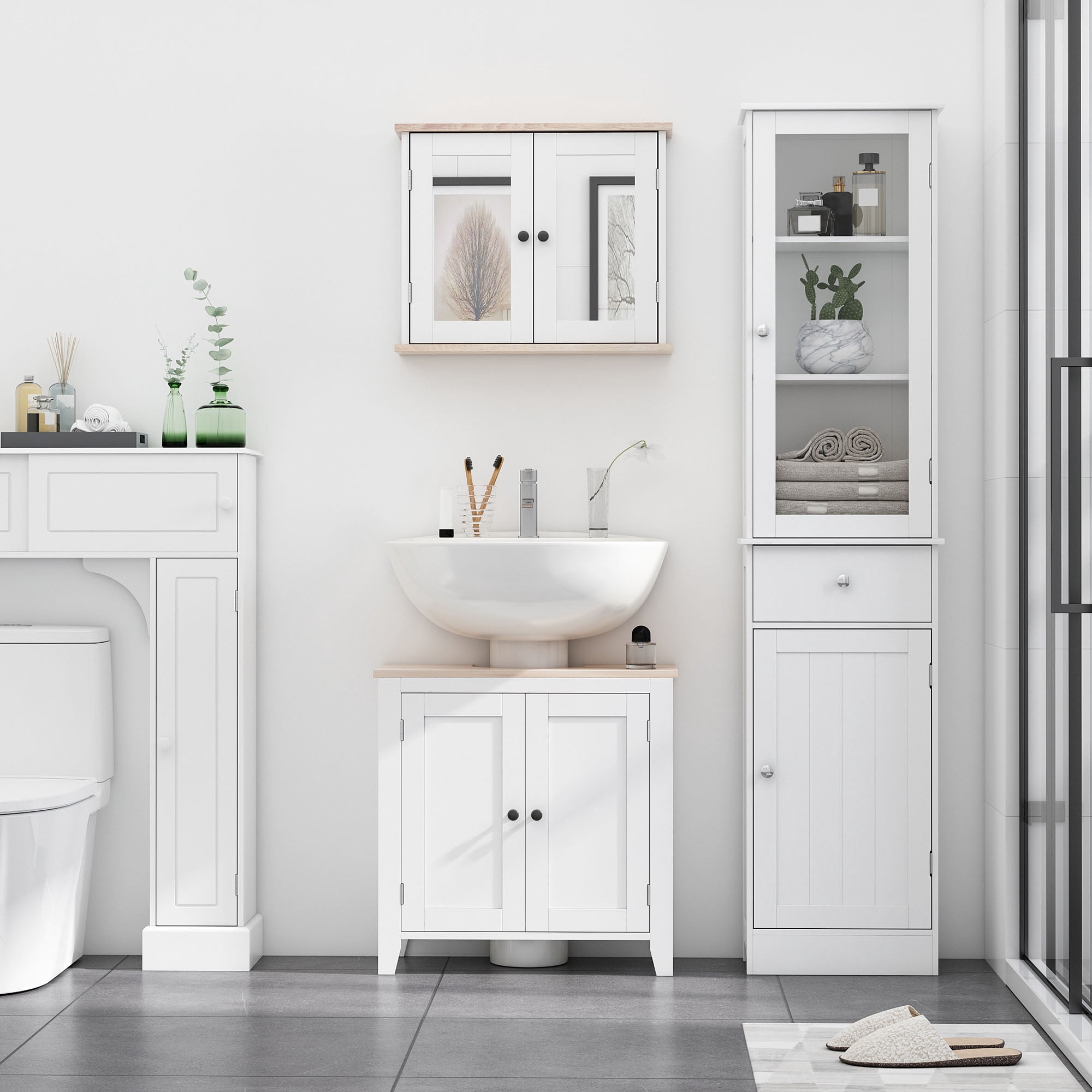 HOQBN Bathroom Storage Cabinet with 3-tier Shelf Drawer Door, Floor Cabinet Free Standing Tall Slim Side Organizer Shelves, White