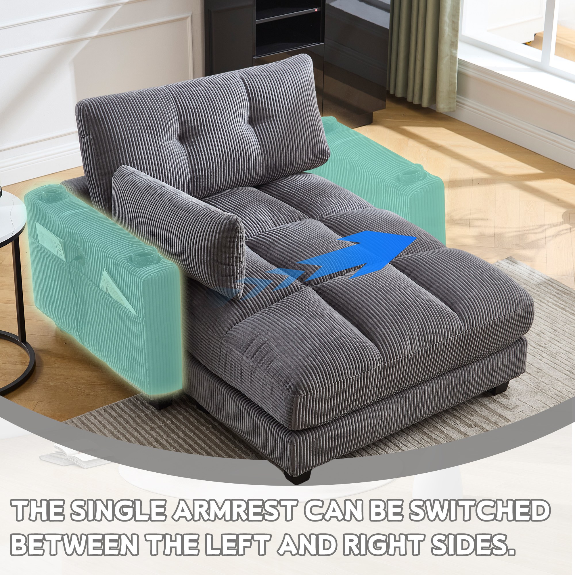 MOONMISS Corduroy Upholstered Soft Deep Seat Sleeper Sofa with USB,TYPE-C&2 Cup Holders-Gray