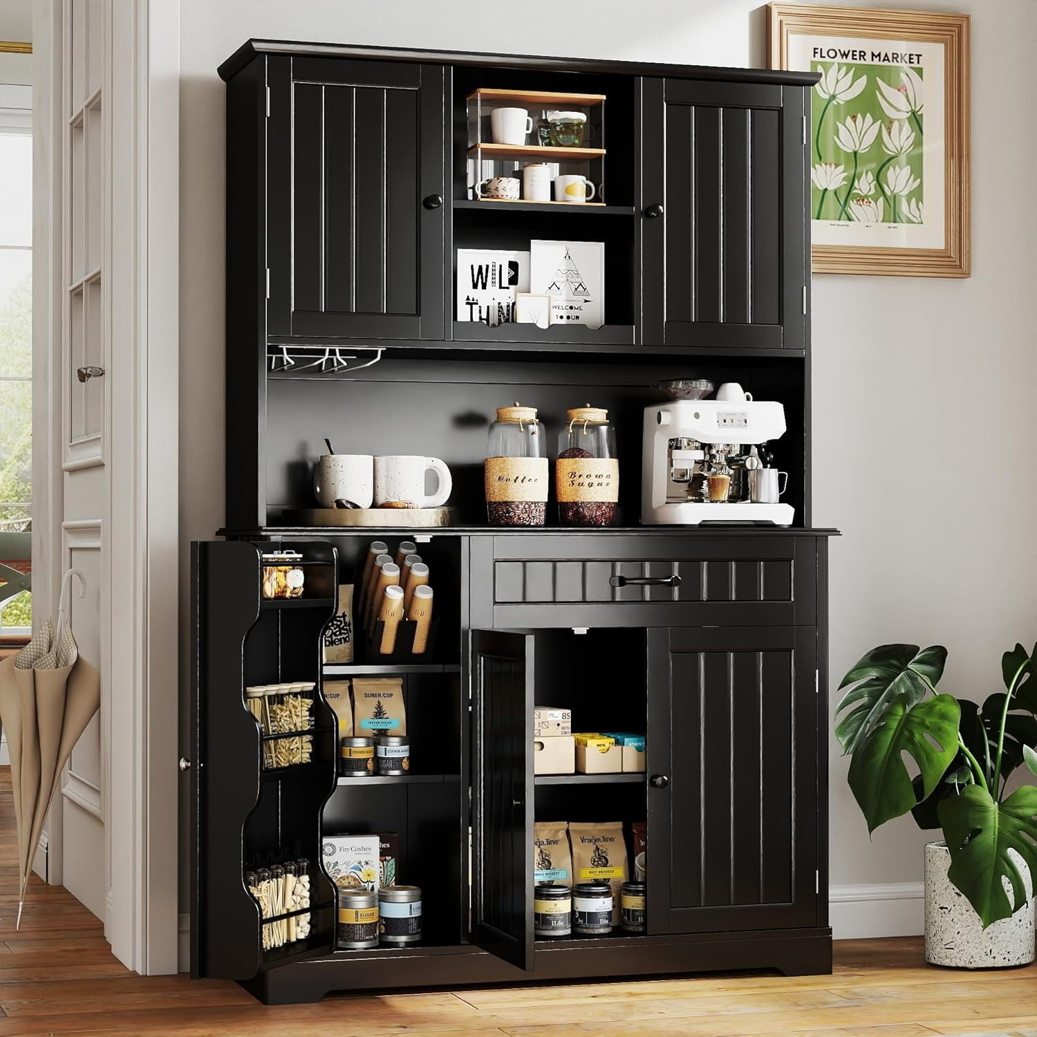 67" Kitchen Hutch Cabinet with 5 Doors and 14 Shelves, Noelse Large Wooden Kitchen Pantry Storage Cabinet with Drawer, Tall Coffee Bar for Dining Room, Black