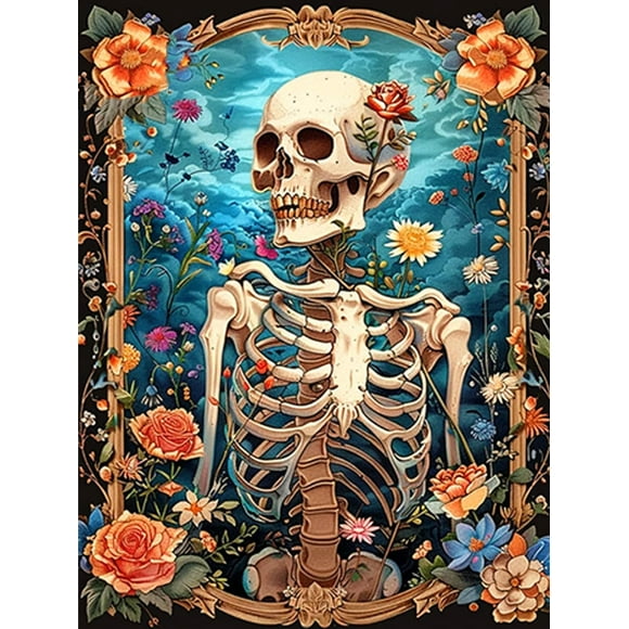 shiyou-5D Skeleton Diamond Art Painting Kits for Adults Skull Diamond Art Kits for Adults Flowers Diamond Art Painting Kits for Beginners, Round Gem Art Crafts Kits for Home Wall Decor Gifts 12x16 in