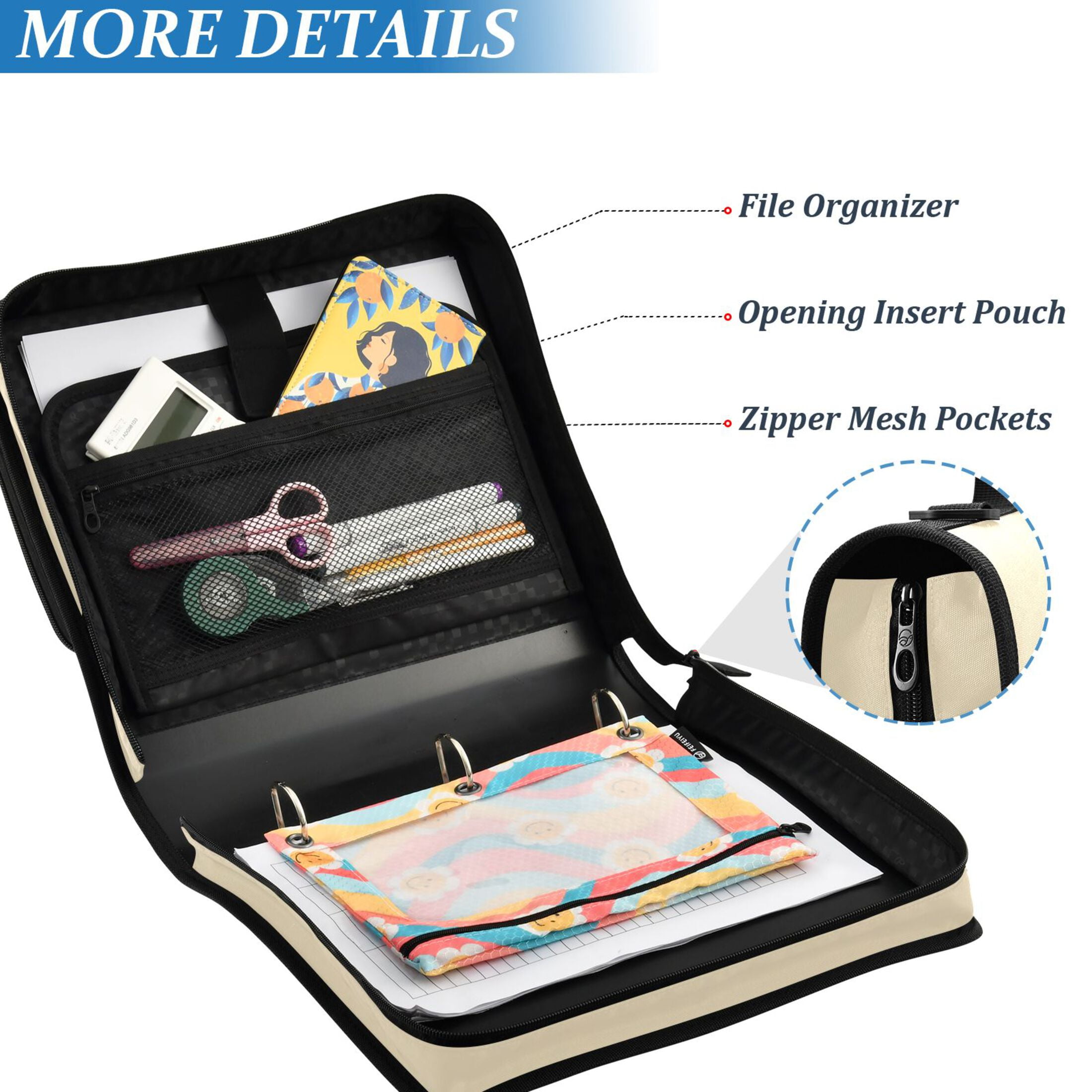 ALAZA Zipper Binder Beige 3 Ring Trapper Keeper File Folder Organizer Bag