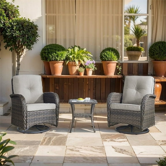 POCASSY Patio Wicker Chairs Swivel Rocker - Outdoor Swivel Rocking Chairs Set of 2 with Rattan Side Table, Brown Patio Swivel Glider Chair 3 Piece Patio Furniture Set for Porch Pool Brown/Beige