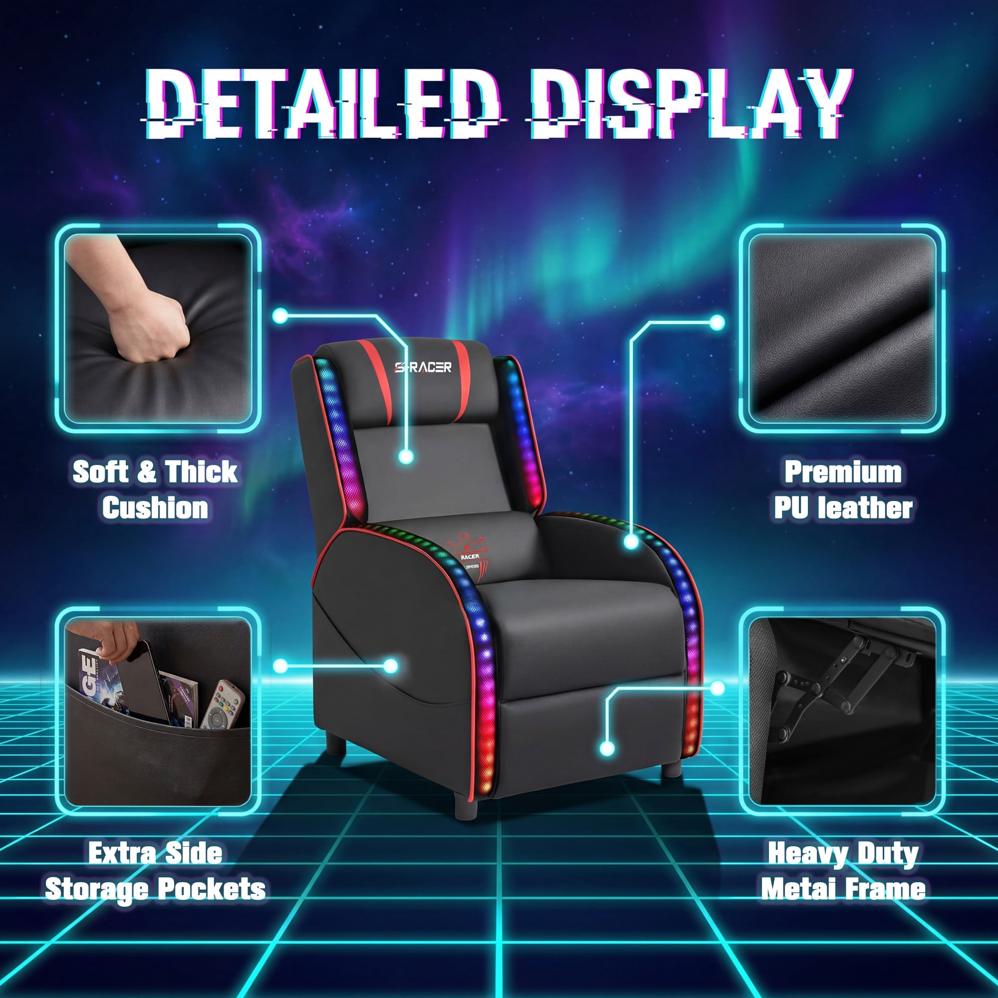 Furmax RGB LED Lights Gaming Massage Recliner Chair Racing Style Single Living Room Sofa Ergonomic Home Theater Seating with Massage Lumbar Support, Red