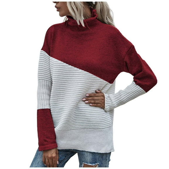 ShomPort Women's Color Block Knitted Sweater Crewneck Long Sleeve Sweater Crochet Pullover Tops Fall Winter Jumper