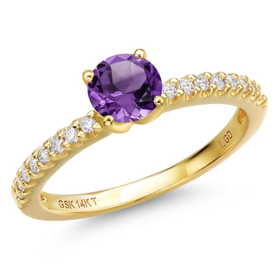 Gem Stone King 14K Yellow Gold Purple Amethyst and Lab Grown Diamond Engagement Ring for Women | 0.64 Cttw | Round 5MM | Gemstone February Birthstone | Size 9