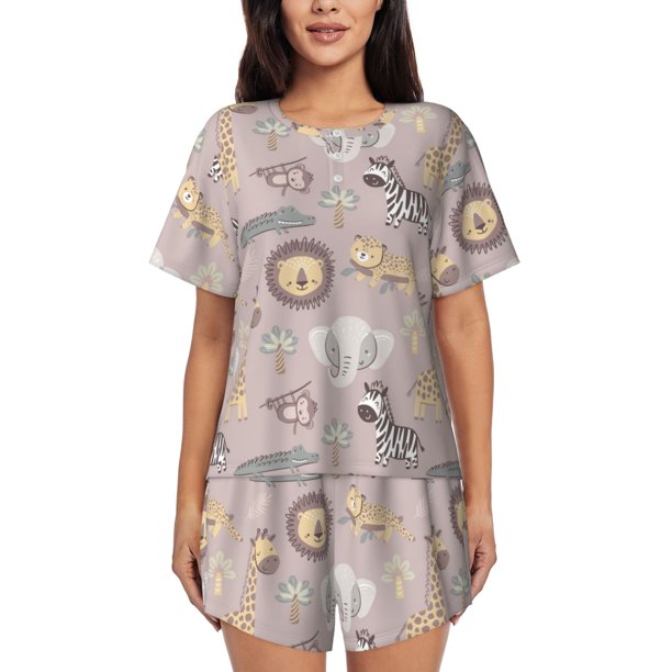 Fotbe Safari Animals Conjunto de Pijama Estampado para Mujer, 2 Piezas, Ropa de Dormir con Camiseta de Manga Corta y Shorts Suaves-X-Large