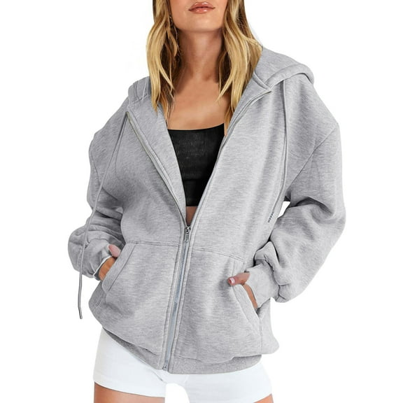 felwors Hoodies for Women Zip up Lightweight Sweatshirt Long Sleeve Fleece Hooded Jacket Coat Fall Casual Outfits Pockets Grey, XXL