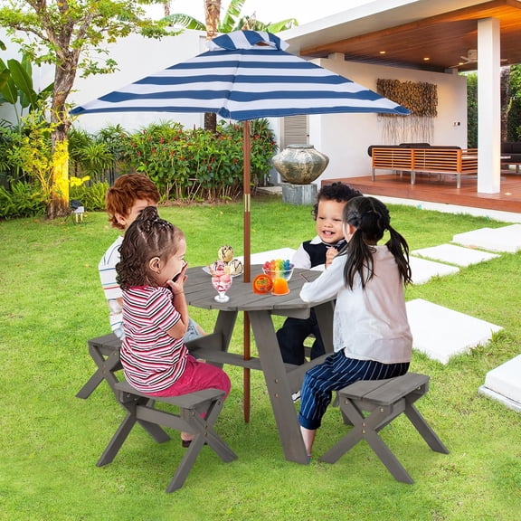 Kids Picnic Table Set with Umbrella, Fir Wood Octagon Table & 4 Stools for Outdoor Backyard Garden Play