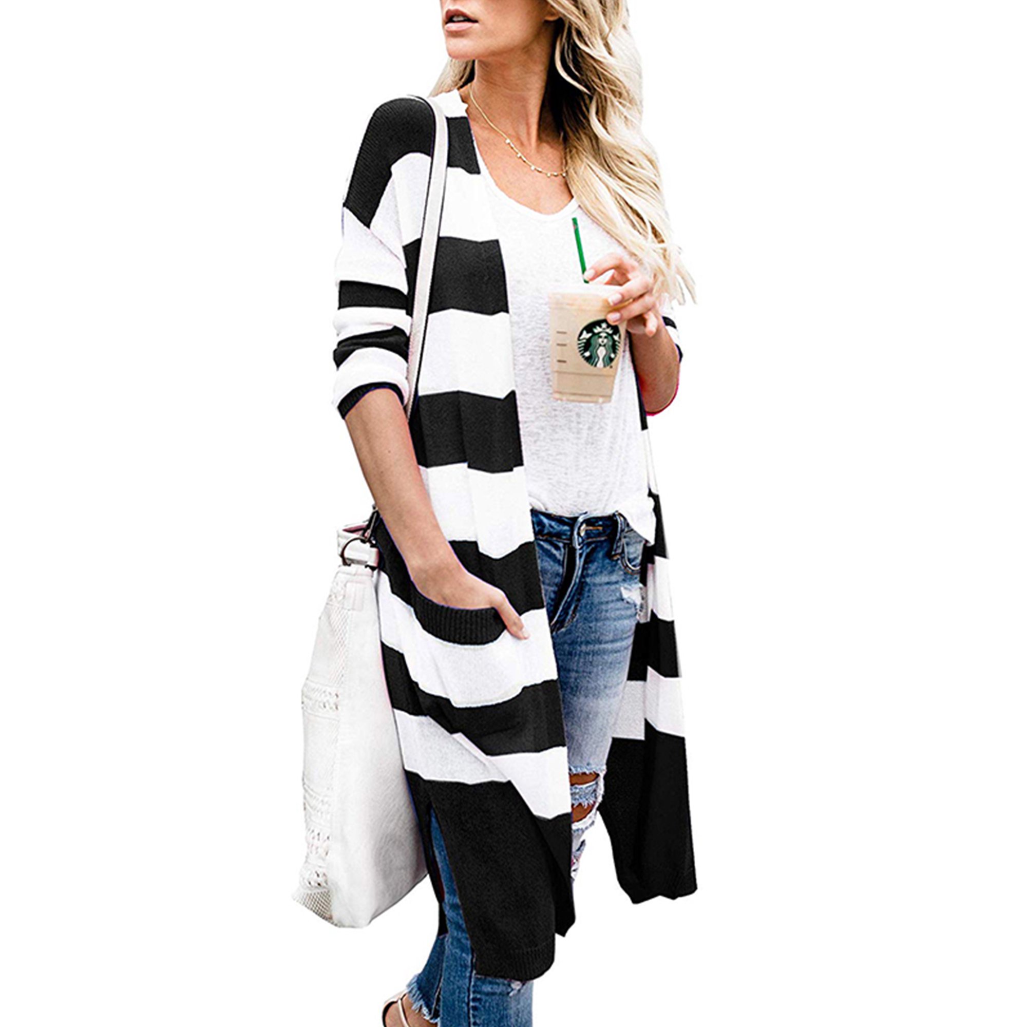 Winter Long Sleeve Knitted Kimono Striped Cardigan Sweater for Women Ladies  Long Knit Open Front Baggy Cardigan Coat Tops Loose Knitted Sweater Outwear  Cardigan Tops Size 12-26 - Walmart.com