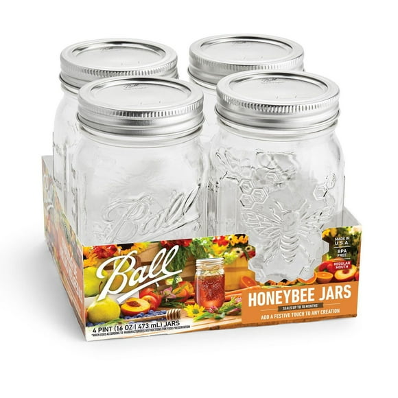 Ball Honeybee Keepsake Mason Jars with Lids and Bands, Regular Mouth, 16 oz. Pint Jars (473 mL), 4 Pack