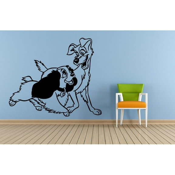 Cute Playful Lady And The Tramp Portrait Silhouette Disney Cartoon Character Wall Sticker For Kids Boys Girls Room Bedroom Fun Home Decal Design Stickers Wall Art Vinyl Decoration Size (10x10 inch)