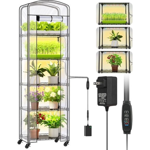 5 Tier Mini Indoor Greenhouse with Grow Light & PVC Cover Portable Small Shelves Adjustable Metal Plant Stand for Plants, Seed Starting,16.5"x11.4"x56.3"
