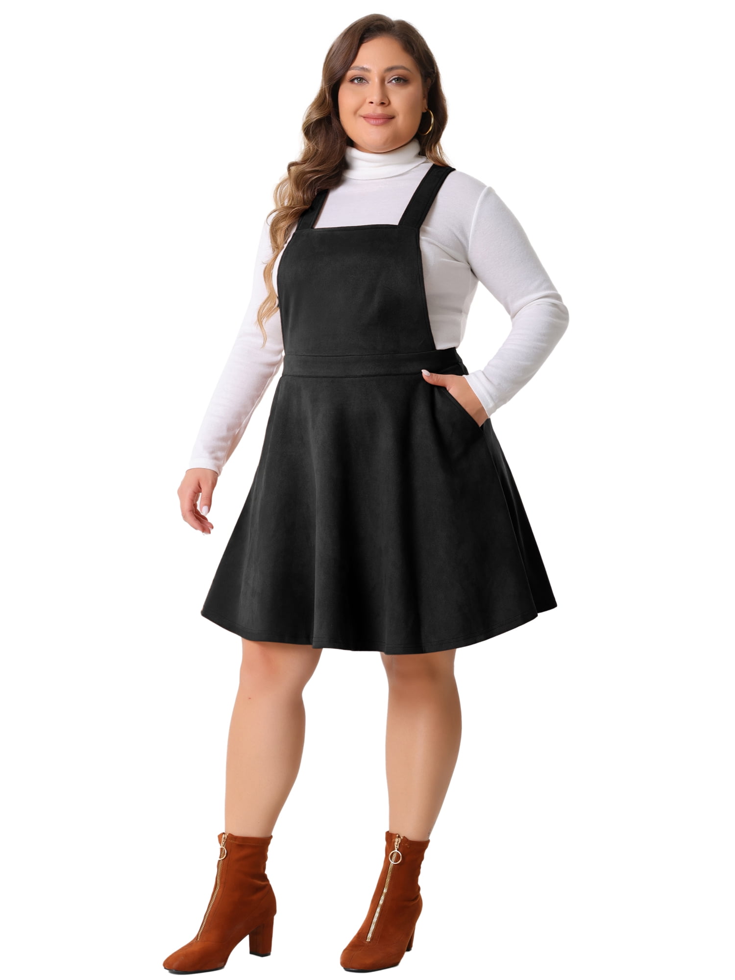DARING DIVA Women's Plus Pinafore Dress Faux Suede Vintage A Line Jumper 3X Black