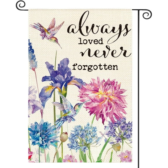 Shmbada Always Loved Never Forgotten Memorial Garden Flag 12x18 Inch Double Sided, Hummingbird Spring Summer Yard Outdoor Decoration