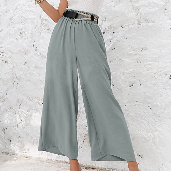 Idoravan Women's Plus Size Pants Clearance Women Casual Solid Cotton Linen Drawstring Elastic Waist Long Wide Leg Pants