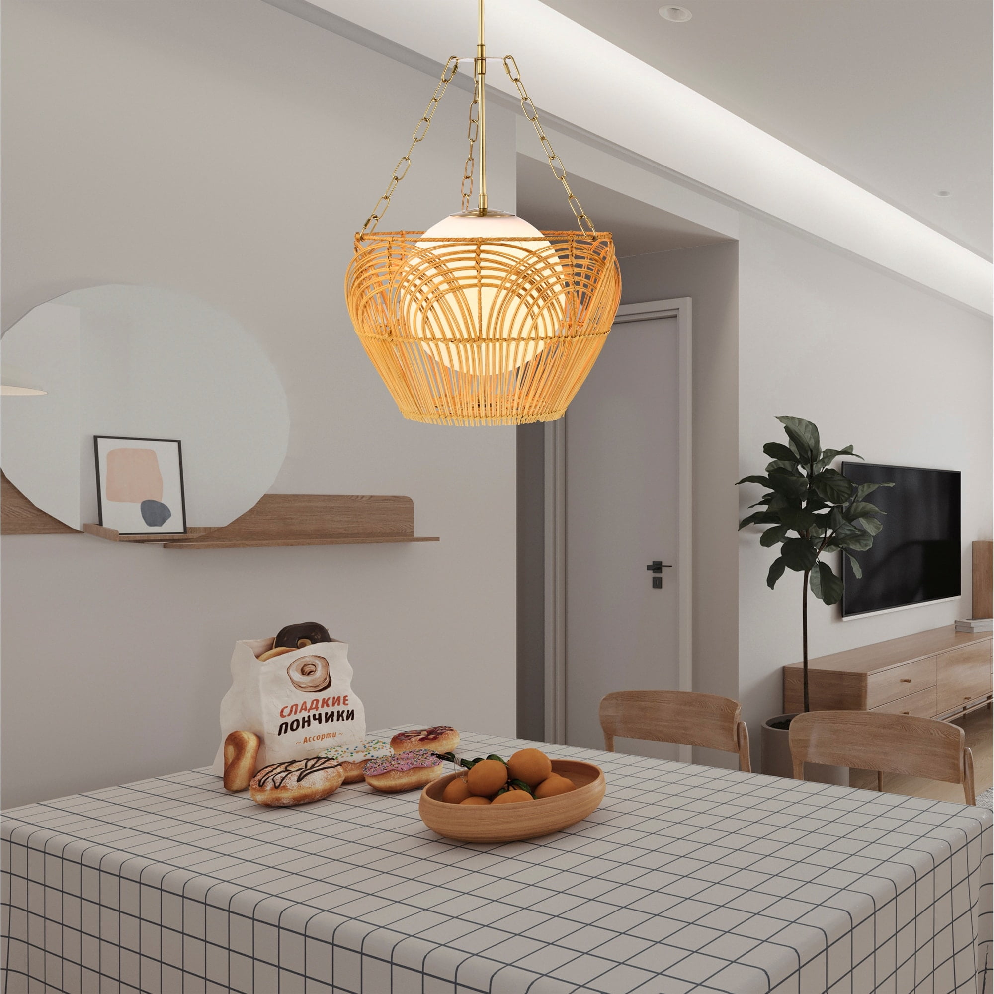 Caddie 15 in. 1-Light Indoor Brass and Woven Rattan Finish Pendant with Light Kit