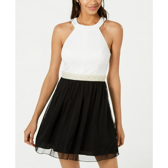 Speechless Pearl Halter-Neck Fit & Flare Dress, Size 5, Black/White