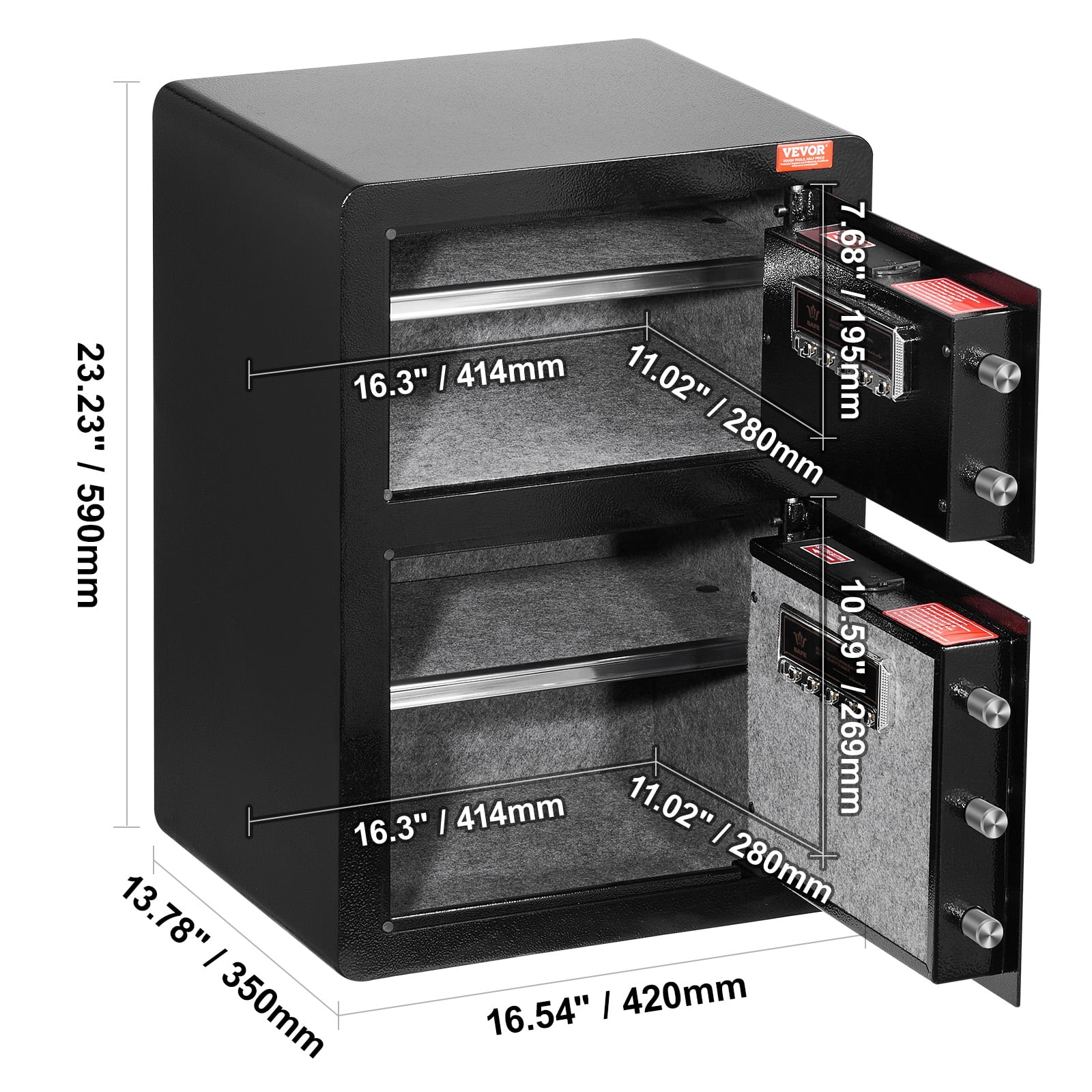 VEVOR Double Doors 3.5 cu.ft Safe Box with Key Lock & Password,Safe Lock Box with Fireproof Bag,Key Rack,LED Light and 2 Height Adjustable and Removable Divider for Money,Jewelry and Valuables,Black