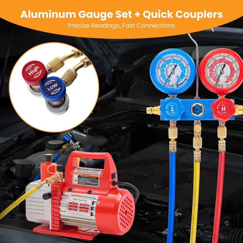 Gianna 110V 1/3 HP 4CFM Single Stage Vacuum Pump Kit with R134a Manifold Gauge Set, Leak Detector, 1/4" Hoses & Carry Bag for HVAC AC Refrigeration, ETL Listed (Red)