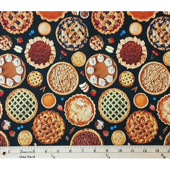 Cotton Favorite Foods Delicious Fruit Pumpkin Pecan Berry Berries Desserts Pies Elizabeth Studios Black Cotton Fabric Print by the Yard (718BLACK)