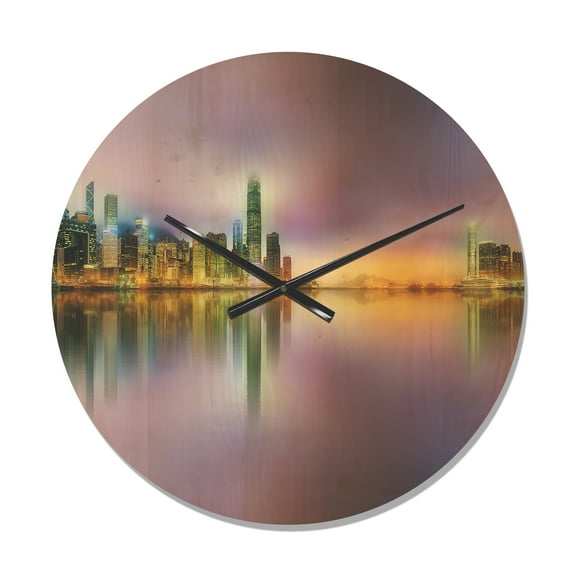 Designart 'Panorama Hong Kong at Twilight ' Industrial Wood Wall Clock