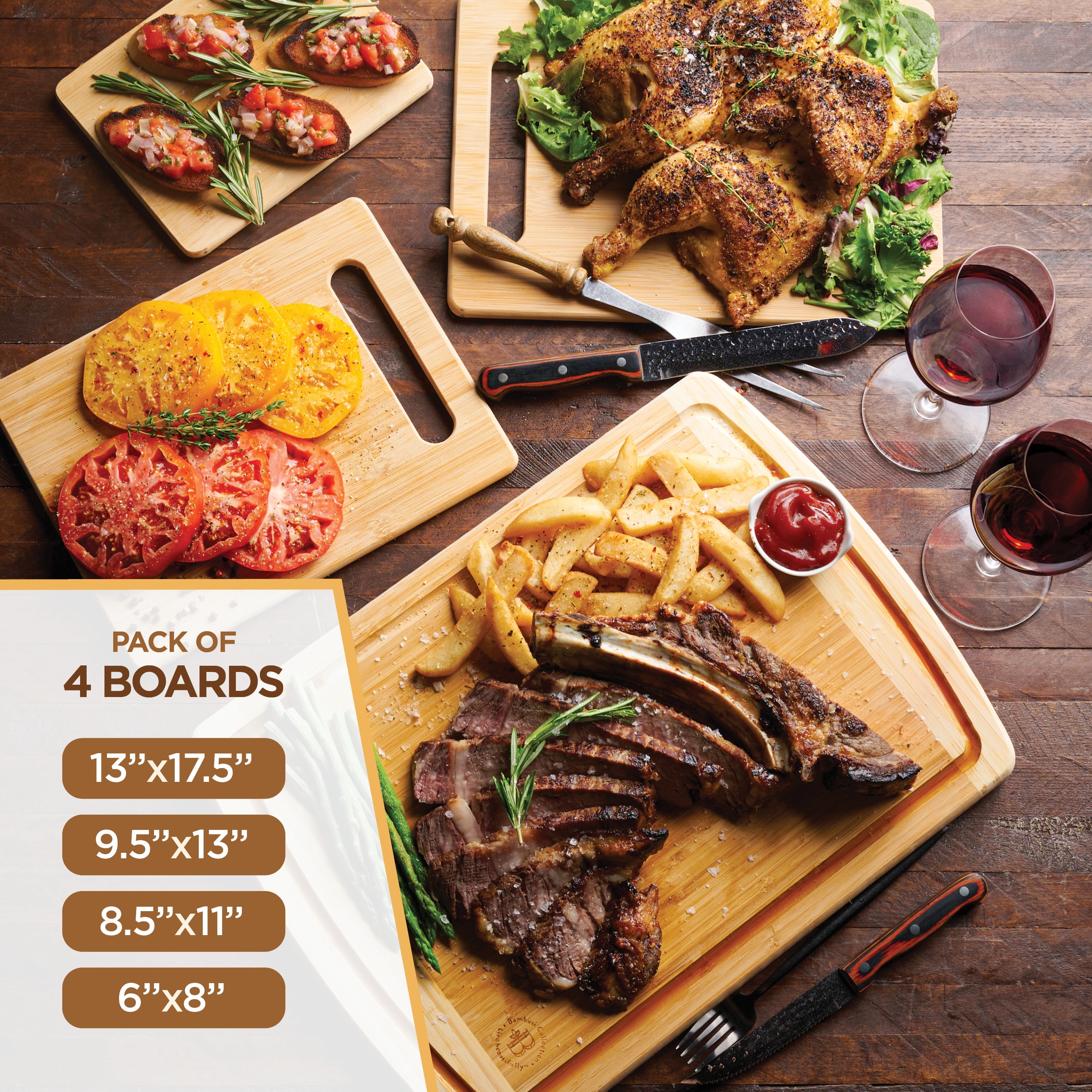 Bamboo Wood Cutting Board Set - Chopping Board with Juice Groove for Meat, Cheese & Vegetables - Butcher Block, Cheese & Charcuterie Board (Set of 4)