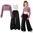 thumbnail image 6 of OJSFQUFP Girls 3‑Piece Dance Outfit Long Sleeve Crop Top Tank Top & Cargo Wide Leg Pants Set for Hop Jazz Dance, 6 of 7
