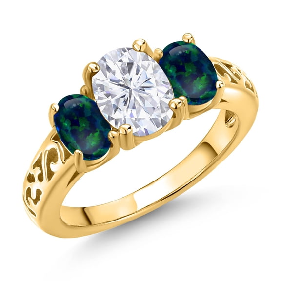 Gem Stone King 18K Yellow Gold Plated Silver White Moissanite and Green Opal Filigree Style 3 Stone Ring for Women (2.50 Cttw, Oval 8X6MM and 6X4MM) (Size 6)