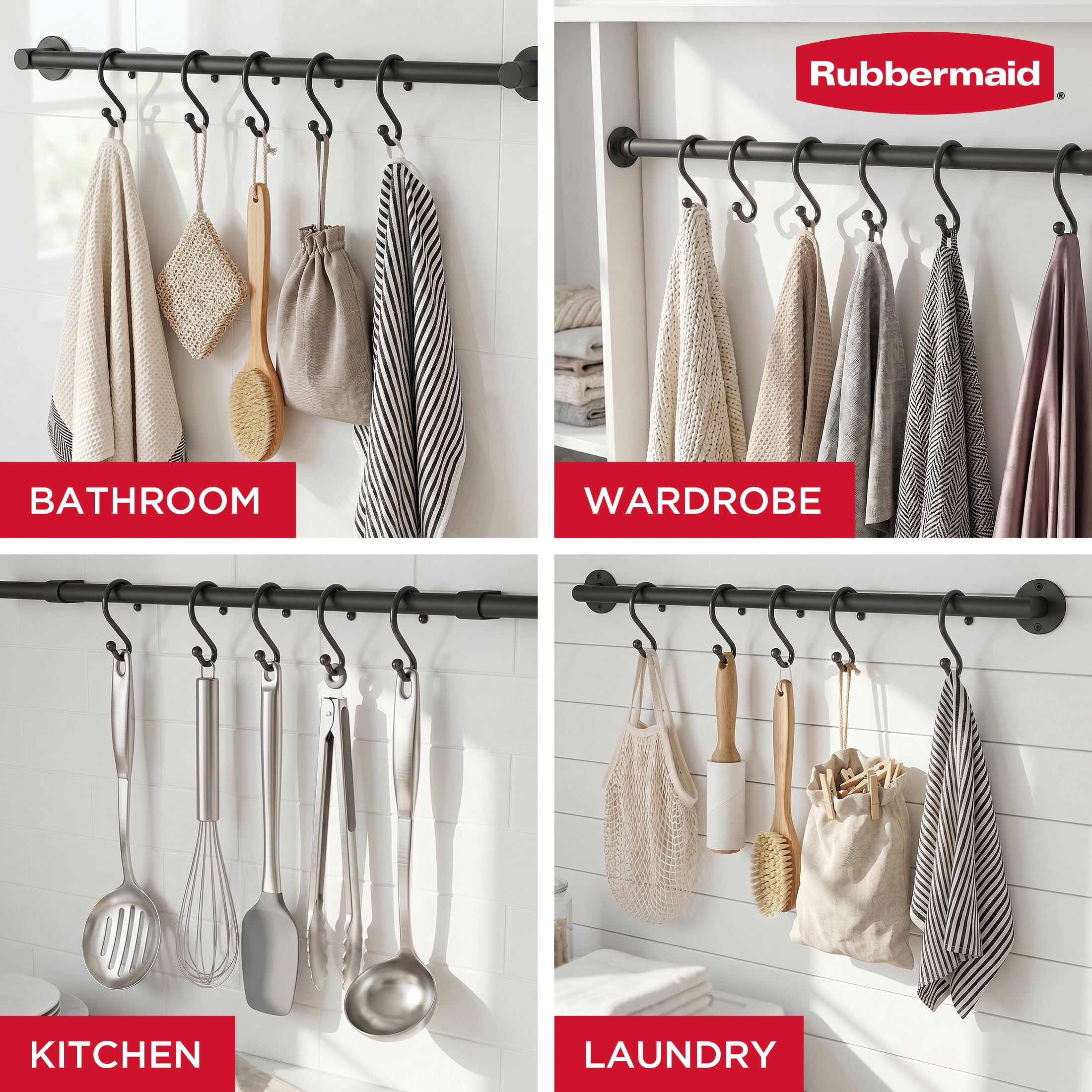 Rubbermaid Black Plastic S-Shape Shower Curtain Hooks, 12 Count