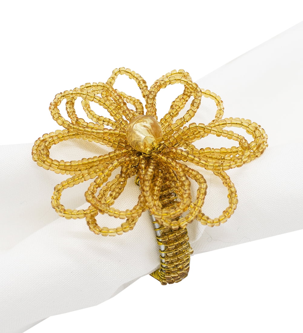 Hand Beaded Flower Design Napkin Rings, Set of 4 (Gold)