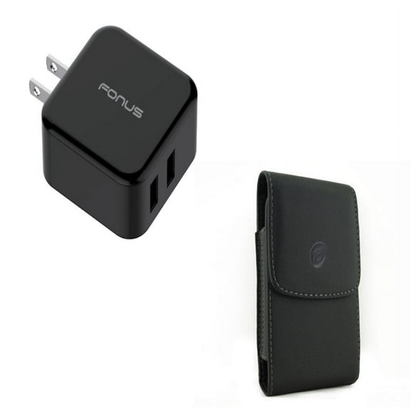 Black Vertical Leather Case w 30W Adaptive Fast USB 2-Port Home Wall Travel Charger Compact W6Y Compatible With Google Pixel 3a XL