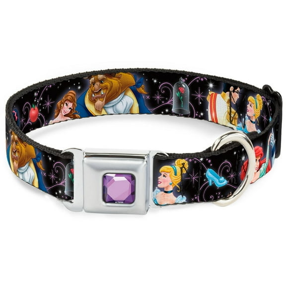 Disney Pet Collar, Dog Collar Metal Seatbelt Buckle, Disney Princesses Princes Dancing, 9.5 to 13 Inches 1.0 Inch Wide