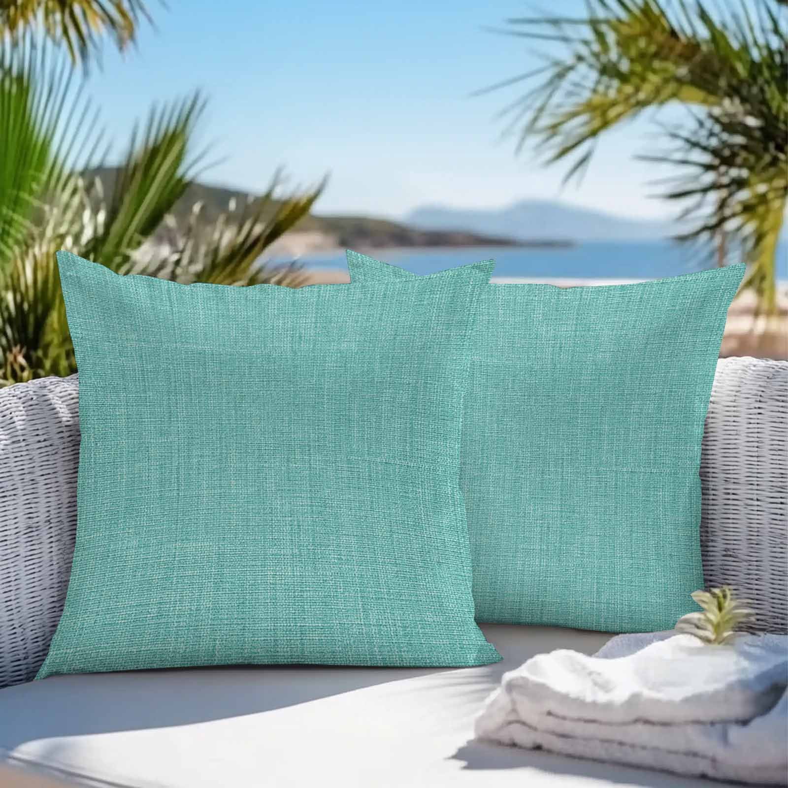 Teal Throw Pillow Covers 20x20 Inch Set of 2, Farmhouse Burlap Solid Green Color Modern Linen Texture Waterproof Outdoor Pillow Covers, Decorative Cushion Pillowcases for Couch, Sofa, Bed, Patio