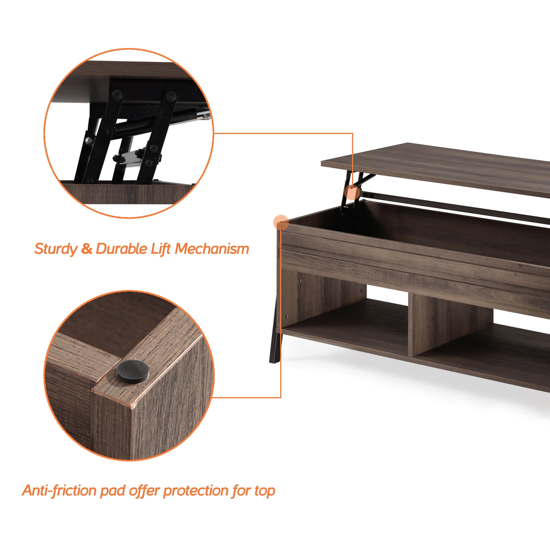 Wampat Mid-Century Modern Wood Rectangle 42" Lift Top Coffee Table, Brown