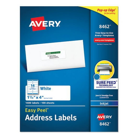 Easy Peel White Address Labels W/ Sure Feed Technology, Inkjet Printers, 1.33 X 4, White, 14/sheet, 100 Sheets/box | Bundle of 2 Boxes
