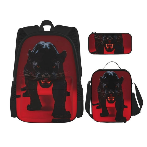 Balery Black Panther Red Background Mochila escolar 3 en 1 para niños: mochila resistente con lonchera térmica y estuche para lápices. Mochila escolar para niños y niñas.